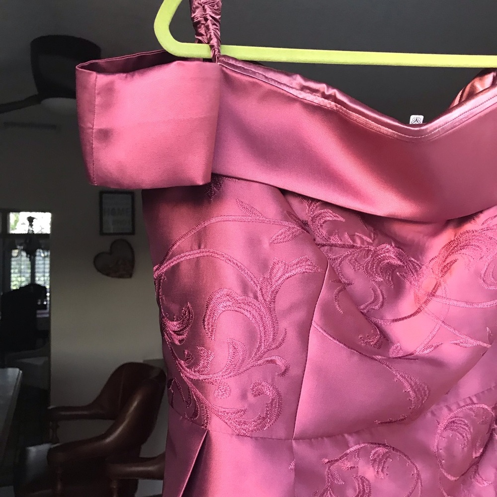 Off the shoulder plum prom dress